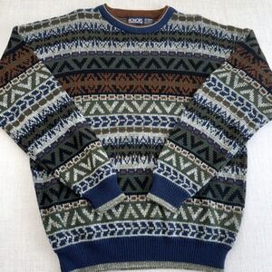 Vintage Honors Mens XL Fair Isle Geometric Knit Sweater Navy Green Brown Acrylic